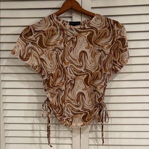 Faded Rose Tan Swirl Short Sleeve Mesh Top - XL - 1990s